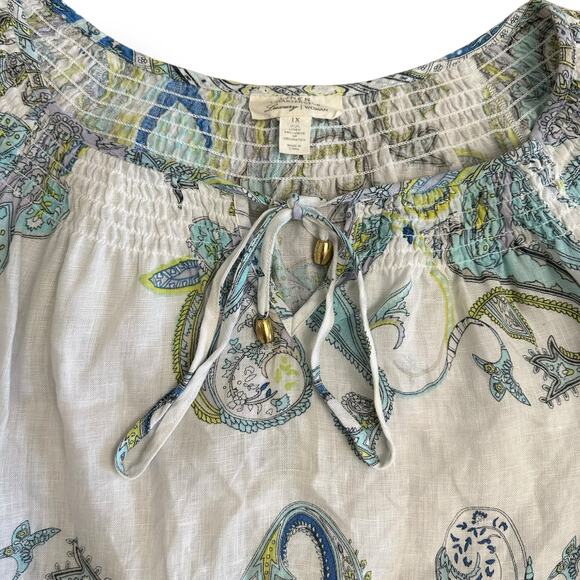 Charter Club Linen Paisley Peasant Top 1X White Blue Green 3/4 Sleeve Resort‎ - Picture 6 of 8